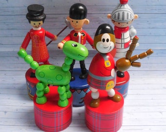 Push Puppet Selection #3  - Press Up Toy - Wakouwa - Wood Novelty - Soldier Loch Ness Monster Bagpipes Beefeater Guardsman Knight