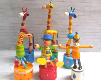 Casualty Corner  #3 - Push Puppet - Novelty Collapsing Toy Wakouwa - Vintage Clowns - Pinocchio  - Giraffe  - Pop Up Press Toy