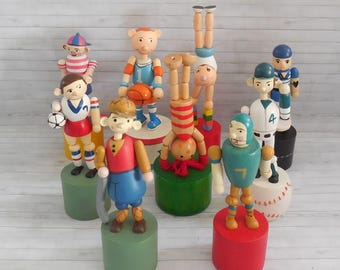 Sports Push Puppets #2  Press Base Toy - Wakouwa Wood - Novelty Push Up  - Football Soccer Golf Baseball - Acrobat - Gymnast