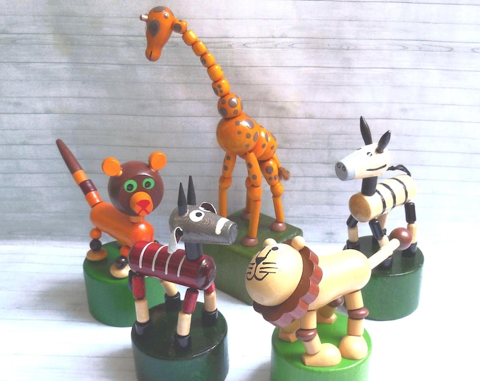Push Puppet Selection #4  - Push Up Toy - Wakouwa - Wood Novelty Ornament Toy - Lion  - Raccoon - Czech - Giraffe - Gazelle - BABY EINSTEIN
