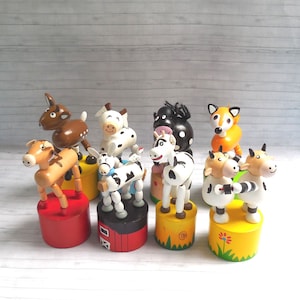 Push Puppets - Farm Animals -  Press Up Toy - Wakouwa Wood - Novelty Push Ups - Cow Donkey Goat Fox Horse - #1
