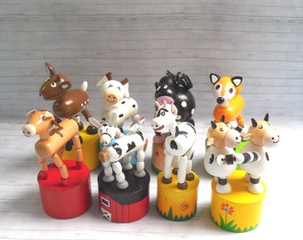 Push Puppets - Farm Animals -  Press Up Toy - Wakouwa Wood - Novelty Push Ups - Cow Donkey Goat Fox Horse - #1