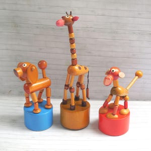 Vintage Czech Republic - Push Up Puppet  - Press Up Toy - Wakouwa - Wood Novelty -Giraffe - Monkey - Dog