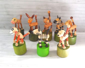 Push Puppet - Czech - Vintage  Push Up Toy - Wakouwa - Wood Novelty  Toy - Cat - Dog - Donkey - Monkey -