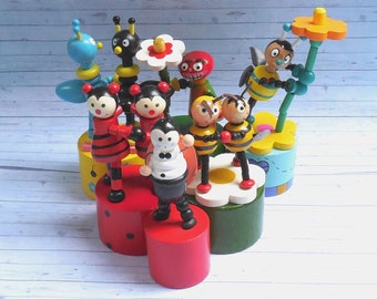 Ladybirds Bugs Beetles -  Push Puppet - Press Up Toy - Wakouwa Wood - Novelty