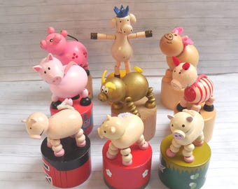 A Plethora of Pigs - Push Puppet - Press Up Toy - Wakouwa Wood - Novelty - Pinky Perky Pig - Push Up Thumb Toy
