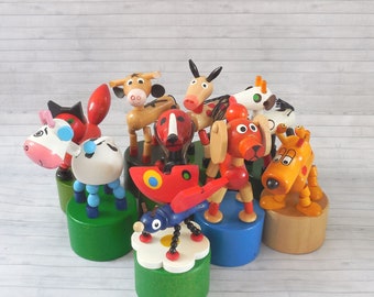 Push Puppet Selection #1  - Press Up Toy - Wakouwa - Wood Novelty Ornament - Billy Goat Dog Horse Butterfly Cow - Czech Republic Push Up