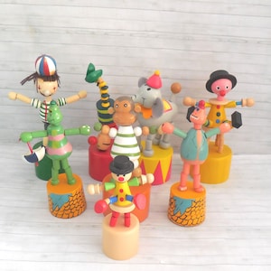 Vintage Circus Carnival Push Puppets Press Up Toy - Wakouwa Wood - Novelty Push Up  - Clowns Monkey Frog Spinning Plates #3