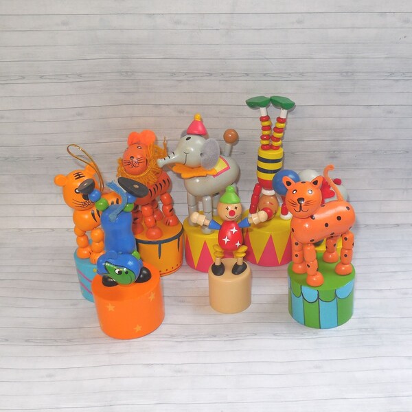 Circus Selection #2 -  Push Puppet - Press Up Toy - Wakouwa Wood - Novelty - Carnival - Clown Tiger Lion Monkey Sealion Elephant