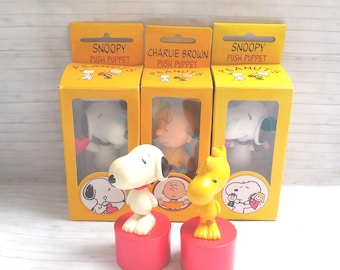 Peanuts Snoopy Woodstock Charlie Brown Push Puppets  - Press Up Toy - Wakouwa - Plastic - Novelty - Japan - Push Up - 2005 - Collapsing Toys