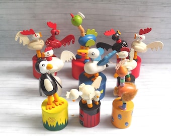 Vintage Birds Push Puppets Press Up Toy - Wakouwa Wood - Novelty Push Up  - Rooster Chicken Chicks Cockerel Seagull Penguin Hens Ostrich  #2