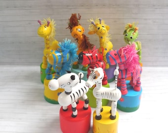 Giraffe Zebra Push Puppets - Press Up Toy - Wakouwa Wood -  Push Bottom Novelty