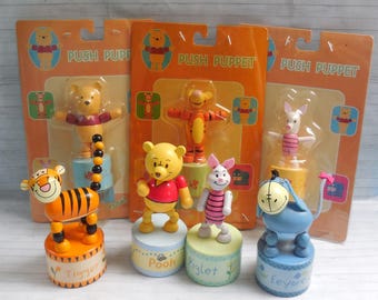 Disney Winnie the Pooh Push Puppets - Press Base Toy - Wakouwa Wood -  Collapsing Novelty - Japan - Tigger - Eeyore Piglet