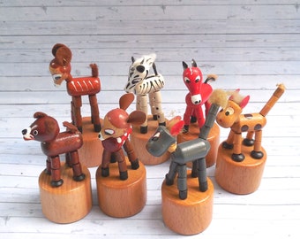 Vintage Italian Push Puppets - Press Up Toy - Wakouwa - Deer Zebra Mule Donkey Cow Gazelle