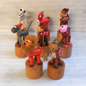 Marionetas de empuje italianas vintage - Juguete de empuje - Wakouwa - Ciervo, cebra, mula, burro, vaca, gacela - Novedad plegable - N.° 1