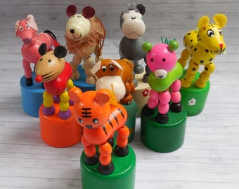 Wild & Farm Animals -  Push Puppet - Press Up Toy - Wakouwa Wood - Novelty Push Ups - Lion Tiger Cheetah Pig Hippo Mouse Monkey