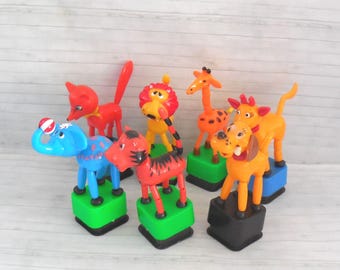 Wild & Farm  Animals Push Puppet - Press Up Toy - Wakouwa - Vintage - Plastic - Novelty - Thumb Toy