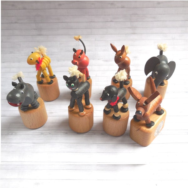 German Push Puppet Animals -  Press Up Toy - Wakouwa Wood - Novelty - Erzgebirge -Dachshund Hippo Elephant Cat Dog Lamb Horse - #1