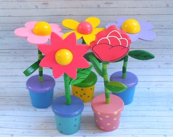 Flowers Daisy Roses Push Puppets - Press Up Toy - Wakouwa Wood - Novelty Valentine Day