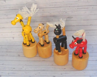 Giraffe Mule Cow  Push Puppet - Press Up Toy - Wakouwa - Wood Novelty - Push Up - Stringy Collapsing