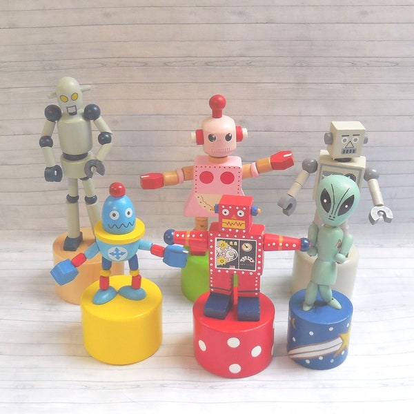 Roboter Roboter Weltraum - Push Up Puppe - Drücken Sie Knopf Spielzeug - Neuheit Holz Push Ups - Aliens