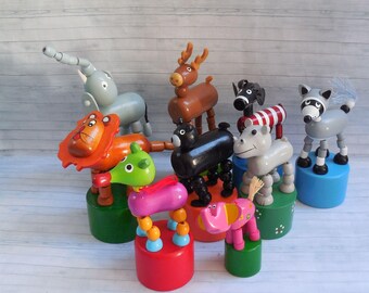 Zoo & Wild Life Push Puppet  - Press Up Toy - Wakouwa Wood - Novelty - Elephant - Anteater - Raccoon - Bear - Reindeer -  Hippo - Anteater