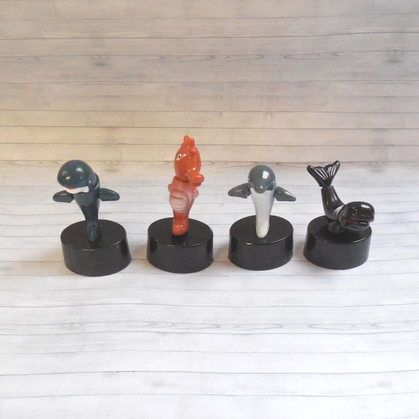 Shark Seahorse Dolphin Whale Push Puppets - Press Up Toy - Wakouwa Wood - Novelty Sea Life Push Up - Vintage