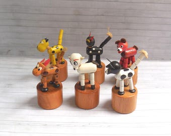 Marionetas de empuje italianas vintage - Juguete con base de presión - Wakouwa - Gato, gato, perro, vaca, oso - Push Up - Novedad