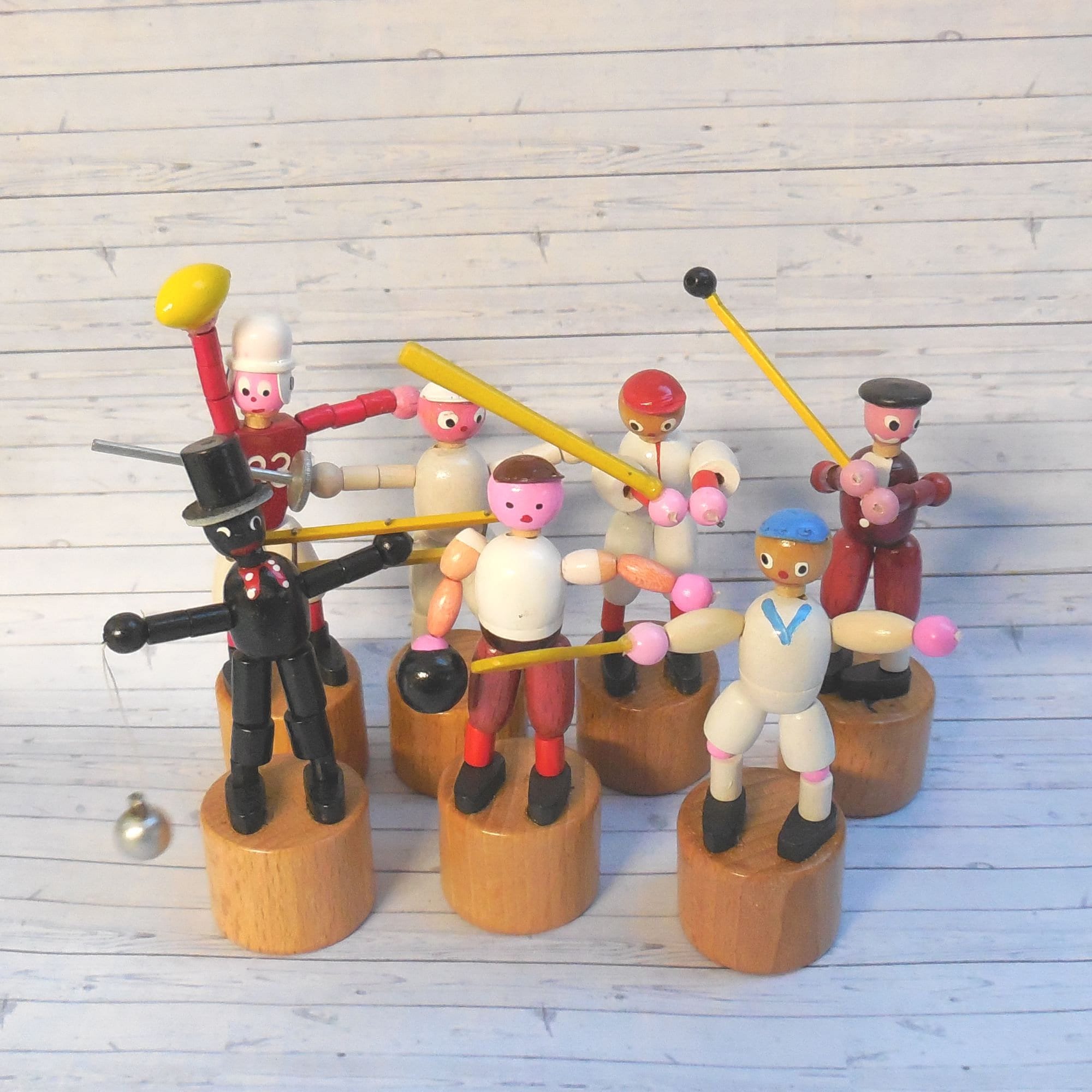 Vintage Italian Push Puppet - Press Up Toy - Wakouwa Wood - Novelty - Footballer Golfer Baseballer Tennis Chimney Sweep Bowler - Push Up