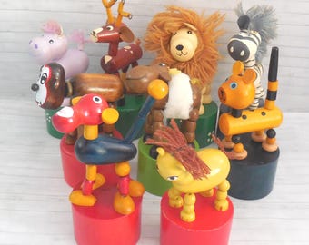 Push Puppet - Reindeer Hippo Monkey Lion Tiger Push Puppet - Press Up Toy - Wakouwa Wood - Novelty Push Ups - Collapsing Animals #1