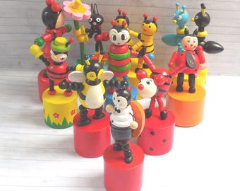 Ladybirds Ladybugs Beetles Bees Wasps -  Push Puppet - Press Up Toy - Wakouwa Wood - Novelty - Push Up