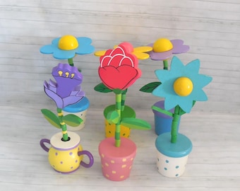 Flowers Daisy Roses Push Puppets  Floral - Press Up Toy - Wakouwa Wood - Novelty - Push Up  - Send Flowers