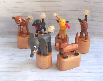 German Push Puppet Animals -  Press Up Toy - Wakouwa Wood - Novelty - Erzgebirge -Dachshund Elephant Cat Dog Lamb Horse - #1