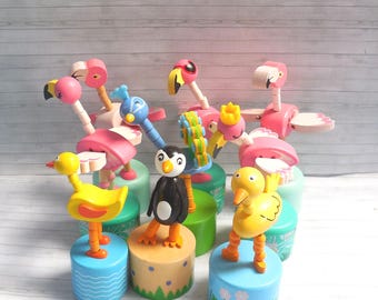 Bird Push Puppet - Press Up Toy - Wakouwa Wood - Novelty Push Ups -  Duck Peacock Flamingo Penguin