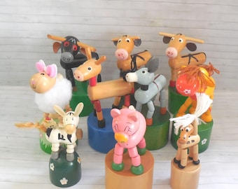 Farm Assortment 2  -  Push Puppet - Press Up Toy - Wakouwa - Wood Push Up Novelty -