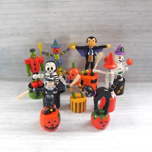 Halloween Push Puppet - Press Up Toy - Wakouwa  - Push Up - Vintage - Cat Skeleton Witch - Dracula - Frankenstein - Lot #3 - Vintage