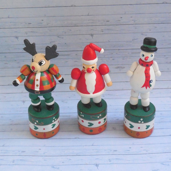 Reindeer - Father Christmas - Snowman - Push Puppet - Press Up Toy - Wakouwa Wood - Novelty