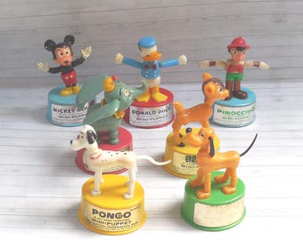 Vintage Disney Mini Push Puppet - Press Up Toy - Wakouwa - Kohner - Mickey Mouse - Pinocchio - Jiminy Cricket - Bambi - Winnie Goofy Donald