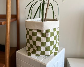 Plant pot cover, reversible fabric planter | Olive Checkerboard & Natural