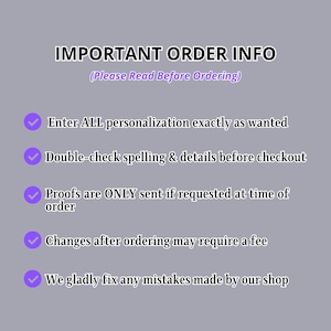 a list of instructions for an important order, including personalization, spelling and details checks, proof requests, and possible changes after ordering.
