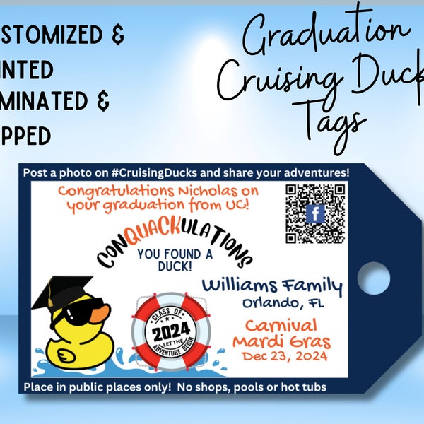 Graduation Cruising Duck Tags, Printed Laminated Shipped Duck Tags, Graduation Gift Carnival Family Cruise Duck Tags, Royal Caribbean Duck