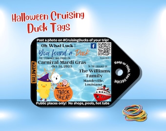 May include: A black rectangular tag with a pointed side and a hole, featuring a blue water background, a yellow duck in a witch hat, a pumpkin with 'Trick or Treat' text, a cruise ship, a QR code, and text including 'Halloween Cruising Duck Tags'.