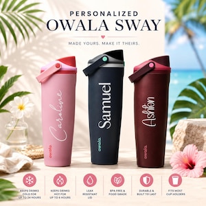 May include: Three Owala Sway insulated water bottles in pink, navy blue, and dark red. Each bottle features a personalized name in white script, a flip-top lid with a carry handle, and the Owala logo. Text includes Personalized Owala Sway.