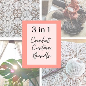 Peut inclure: L'image présente un ensemble de rideaux au crochet 3 en 1. Il comprend des rideaux en crochet blancs, une pelote de fil blanc et un crochet. Une fenêtre avec une plante et un porte-encens est également visible.