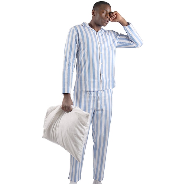 Papi Jamas - 8 Stunden am Tag - Vintage Pyjama Herren Set - Blau gestreift