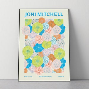 Puede incluir: Un cartel de concierto vintage para Joni Mitchell, con un diseño abstracto colorido de círculos superpuestos en tonos de azul, amarillo, rosa y naranja. El cartel anuncia un concierto en el New Victoria Theatre de Londres, Reino Unido, el 21 de abril de 1974.