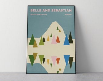 May include: A poster with a geometric design of a mountain range with trees in shades of green, blue, yellow, orange, and pink. The text "Belle and Sebastian" is at the top of the poster, with the text "@yafestivalen 2015" and "Norway" below.