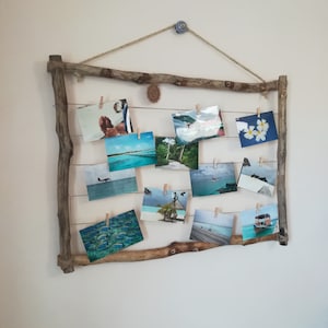 Unique photo frame made of rope, antique wooden memo holder, photo frame with string, memo holder made of old wood, rope as picture hanger
