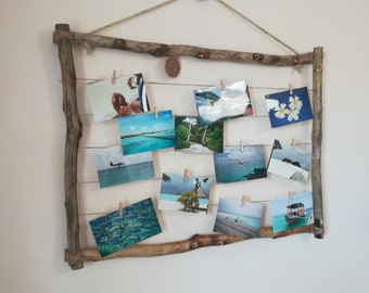 Fotorahmen mit Seil, Antiker Memohalter aus Holz, Fotorahmen mit Schnur, Memohalter Altholz,  Seil als Bilderaufhänger