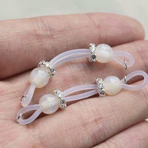 White Shining Beads Nipple Non-Piercing, Nipple Jewelry Barbell Stud, Fake Piercing Sexy Body Jewelry, Gift For Her, Mature